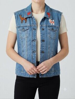 Custom Reworked Vintage Eddie Bauer Denim Vest XXL Patches Poodle Y2K